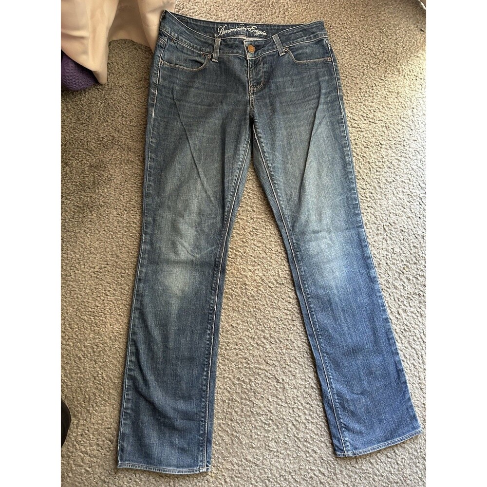Women's AMERICAN EAGLE 77 Straight Leg Jeans Pants MEDIUM BLUE size 8 SHORT